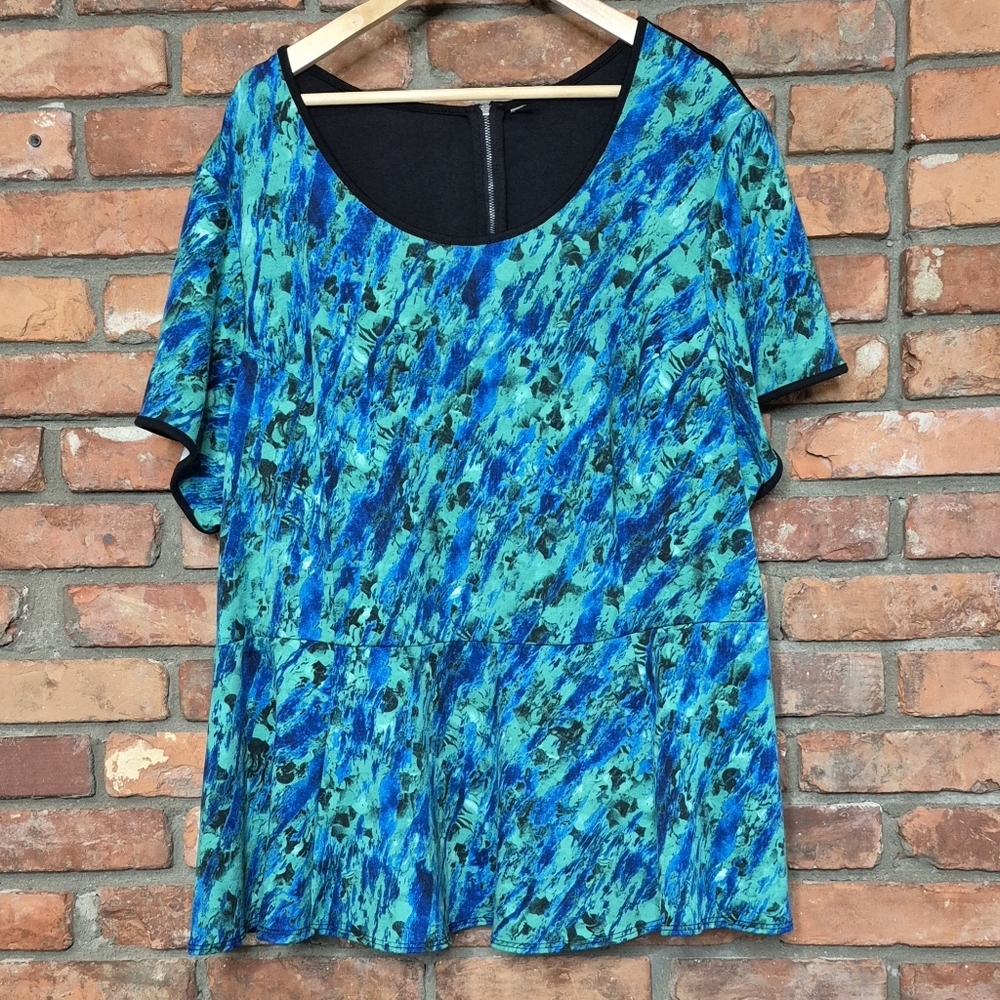 Blue Green Abstract Peplum Top Plus Size 5X Stretch Artsy Career Blouse
